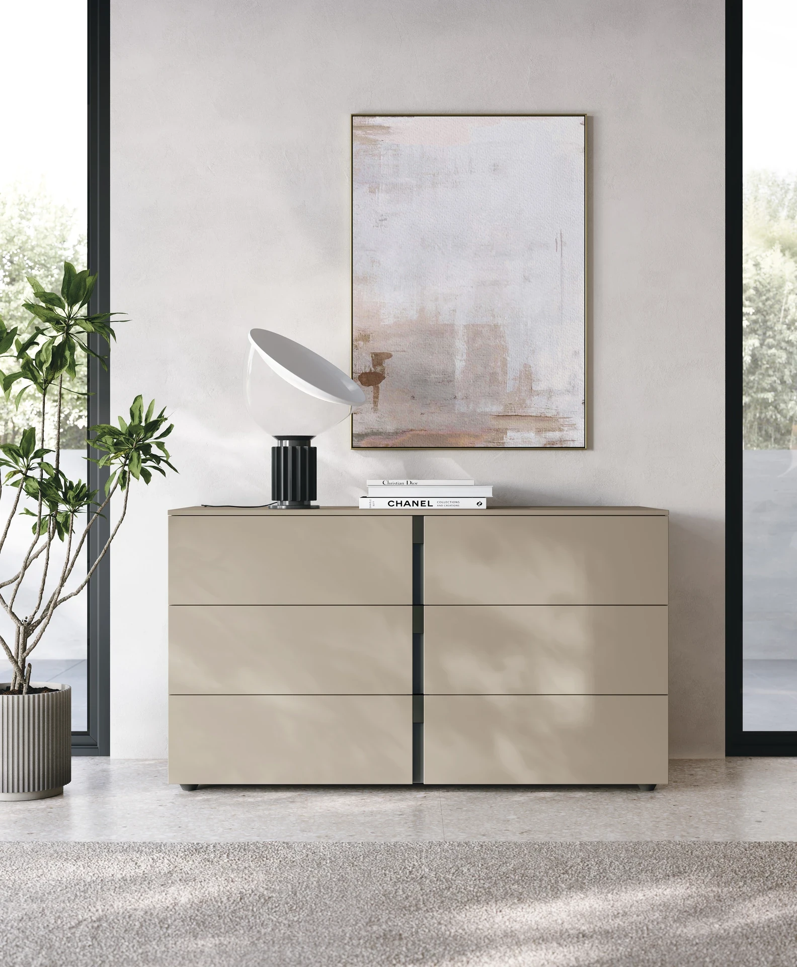 Comò Nadir Tomasella in finitura materico opaco Arena con inserto verticale in metallo antracite. Contenitore notte dal design essenziale e personalizzabile. Tomasella Night Collection 2024.