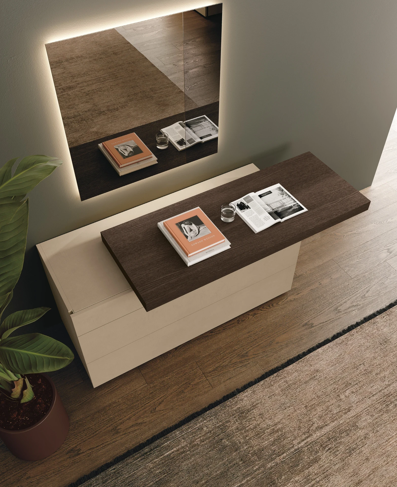 Primo piano del comò Argo Tomasella Contract con top scorrevole in Rovere Cognac che scorre agevolmente per creare un pratico angolo home office o postazione make up. 2024.