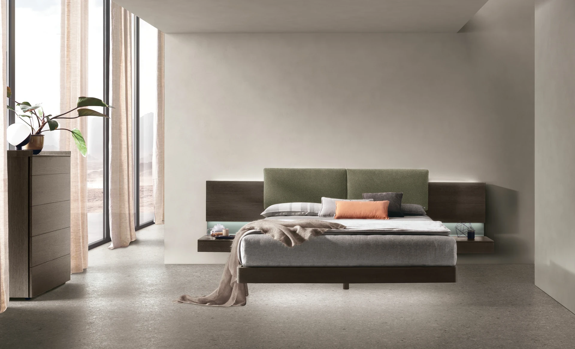 Letto Shiro Tomasella in materico Rovere Cognac con Sommier Ring 120 e contenitori Replay in materico opaco Madreperla. Cabina armadio Liberty. Tomasella Night Collection 2024.