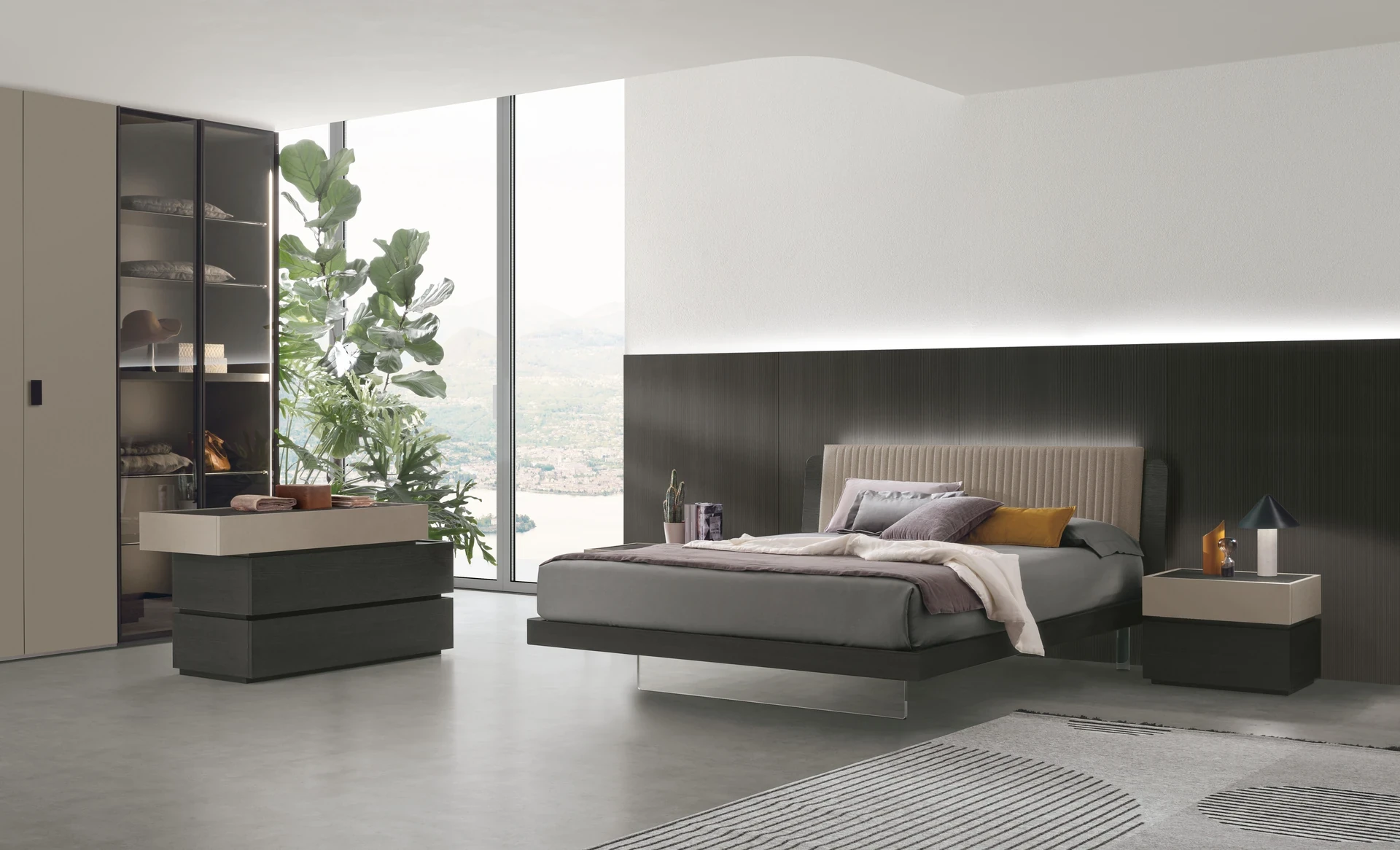 Letto Roxy Tomasella in materico Rovere Carbone con tessuto Saturno Natural, boiserie Glove Traccia e contenitori Replay. Armadio Liscia+Metropolis. Tomasella Night Collection 2024.