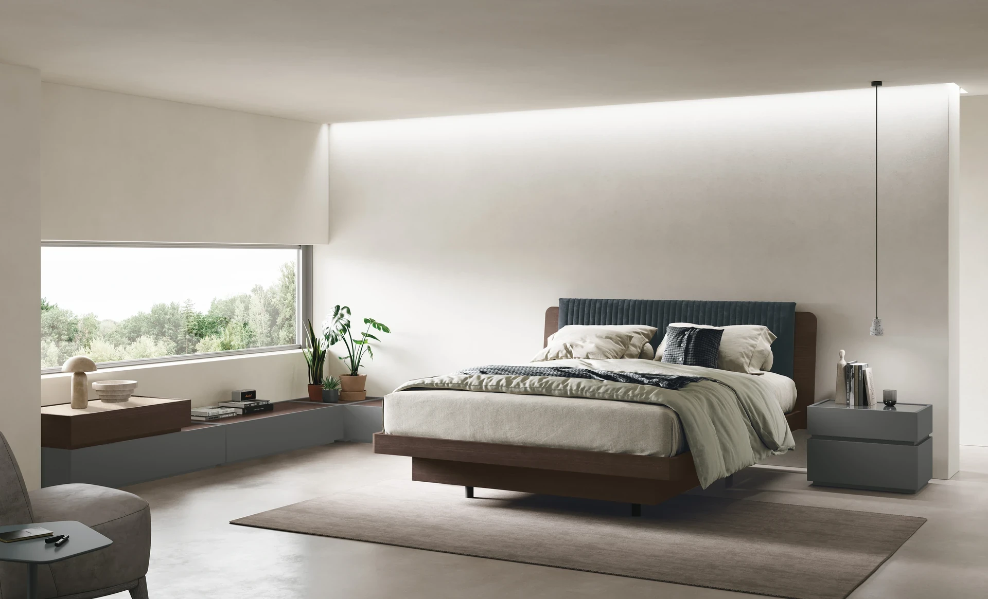 Letto Roxy Tomasella in materico Rovere Moka con tessuto Rinnova e contenitori Replay in materico Marna e vetro lucido. Camera da letto luminosa. Tomasella Night Collection 2024.