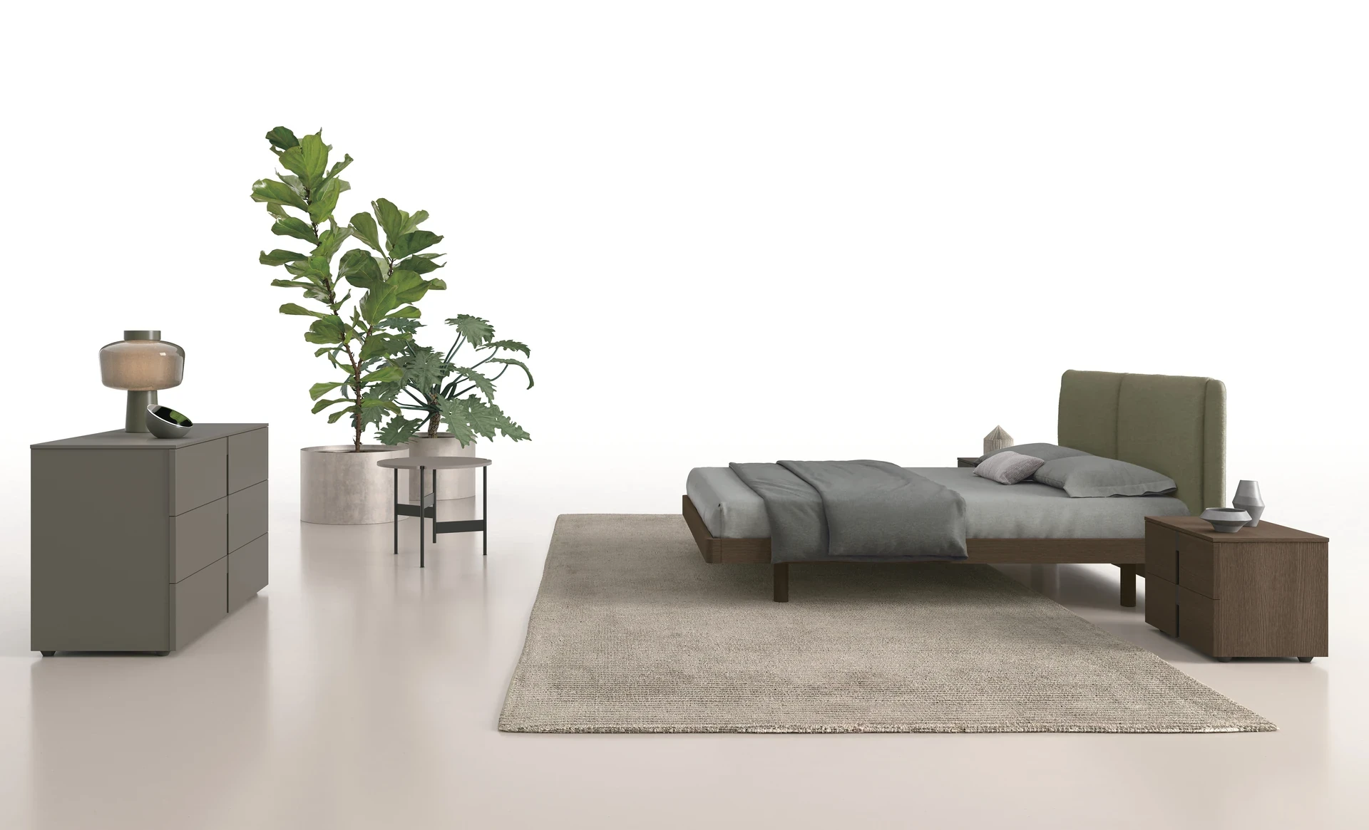 Letto Gemini Ring 100 Tomasella Contract in Rovere Moka e tessuto Giulia Prato 757, abbinato al contenitore Nadir in Grafite Metalizzato. Camera da letto 2024.