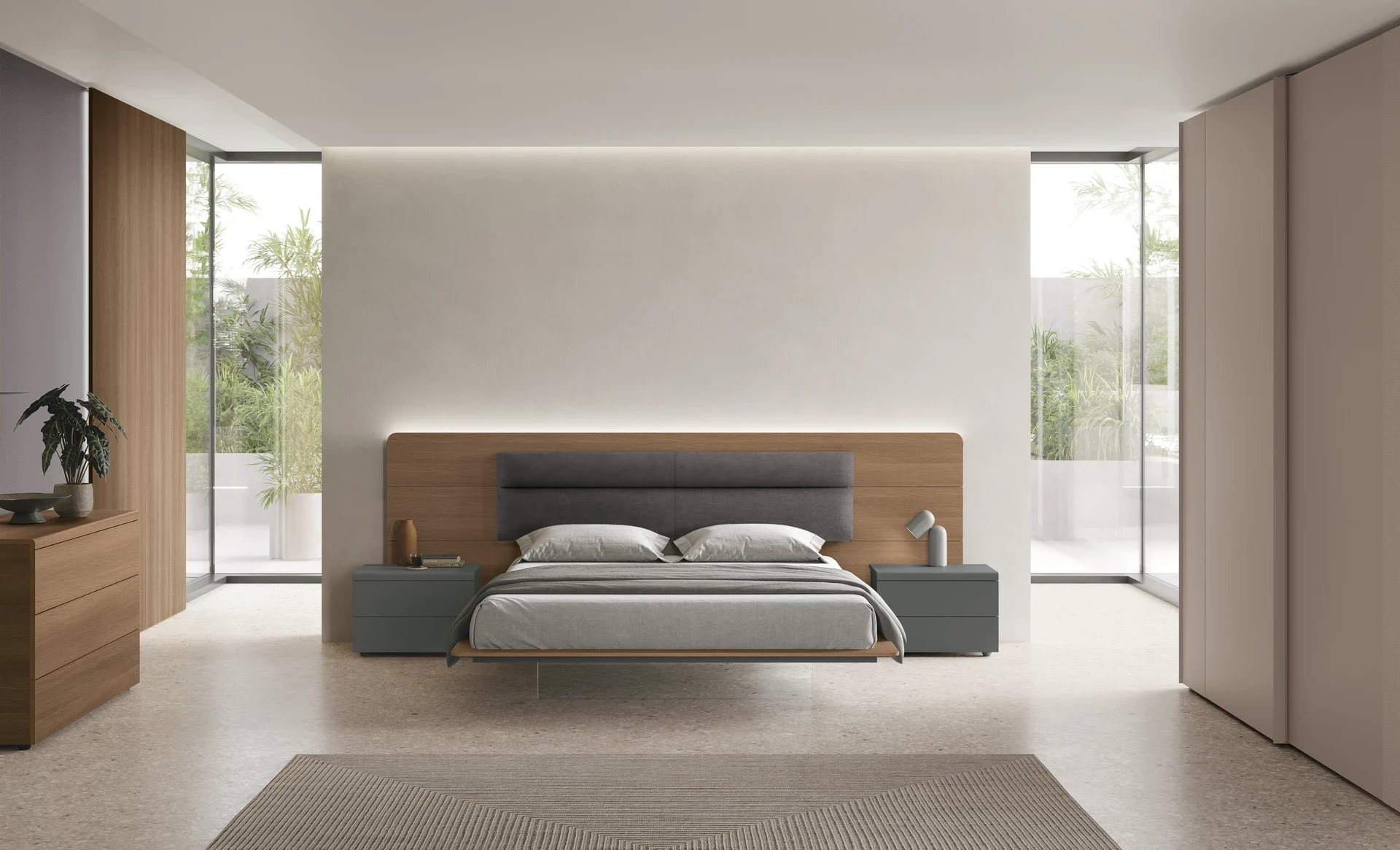 Letto Leonardo Tomasella Contract in laccato Arena 178 con Econabuck, basamento metacrilato, abbinato ai contenitori Anouk in Rovere Moka e vetro satinato Arena. 2024.