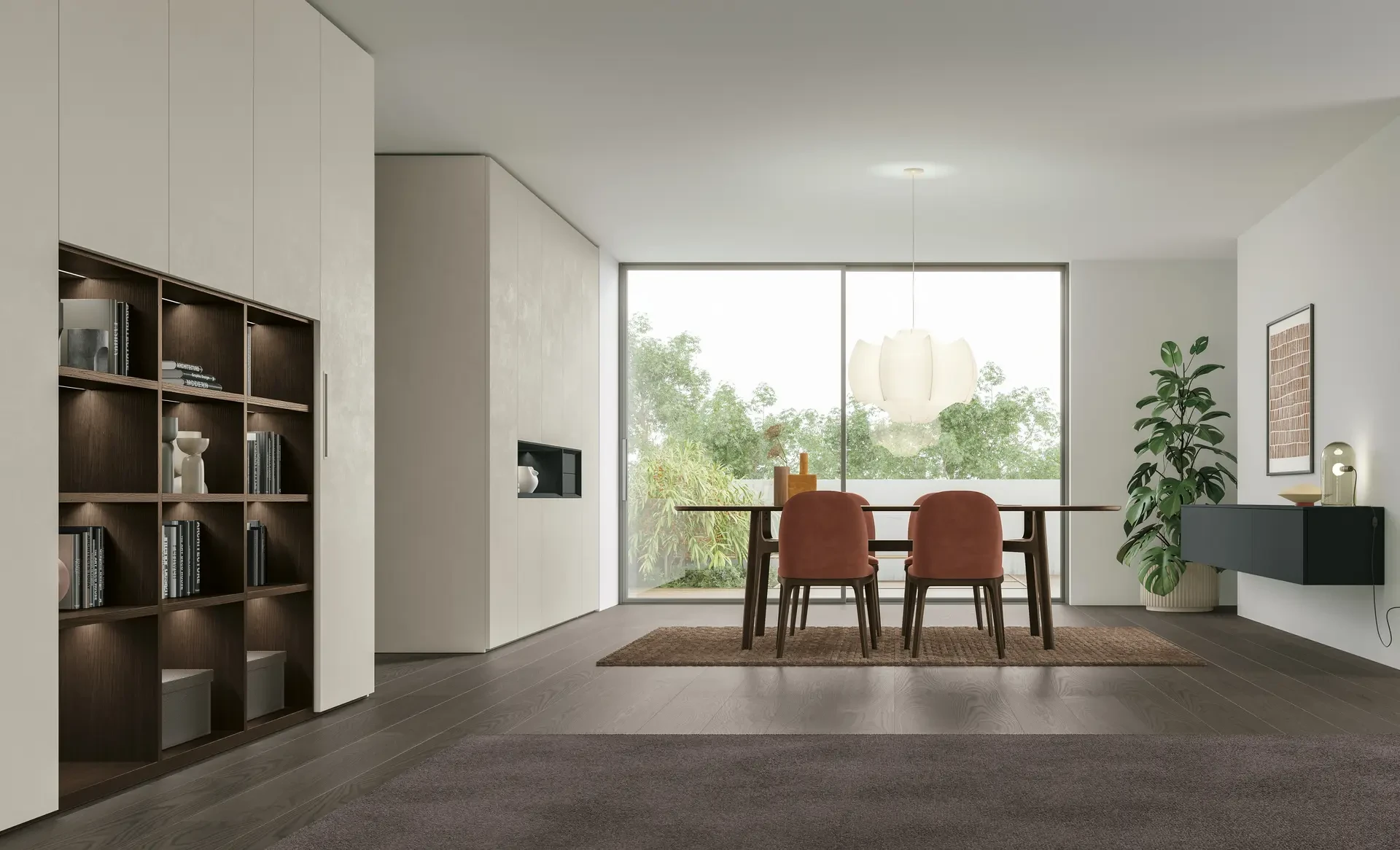 Tomasella Logica Plus+ 01.A: vista laterale con libreria aperta in Rovere Moka e zona pranzo con tavolo Amerigo. Armadiatura laccato opaco Bromo 176, finitura materico Argilla Naturale. Catalogo Logica Plus+.