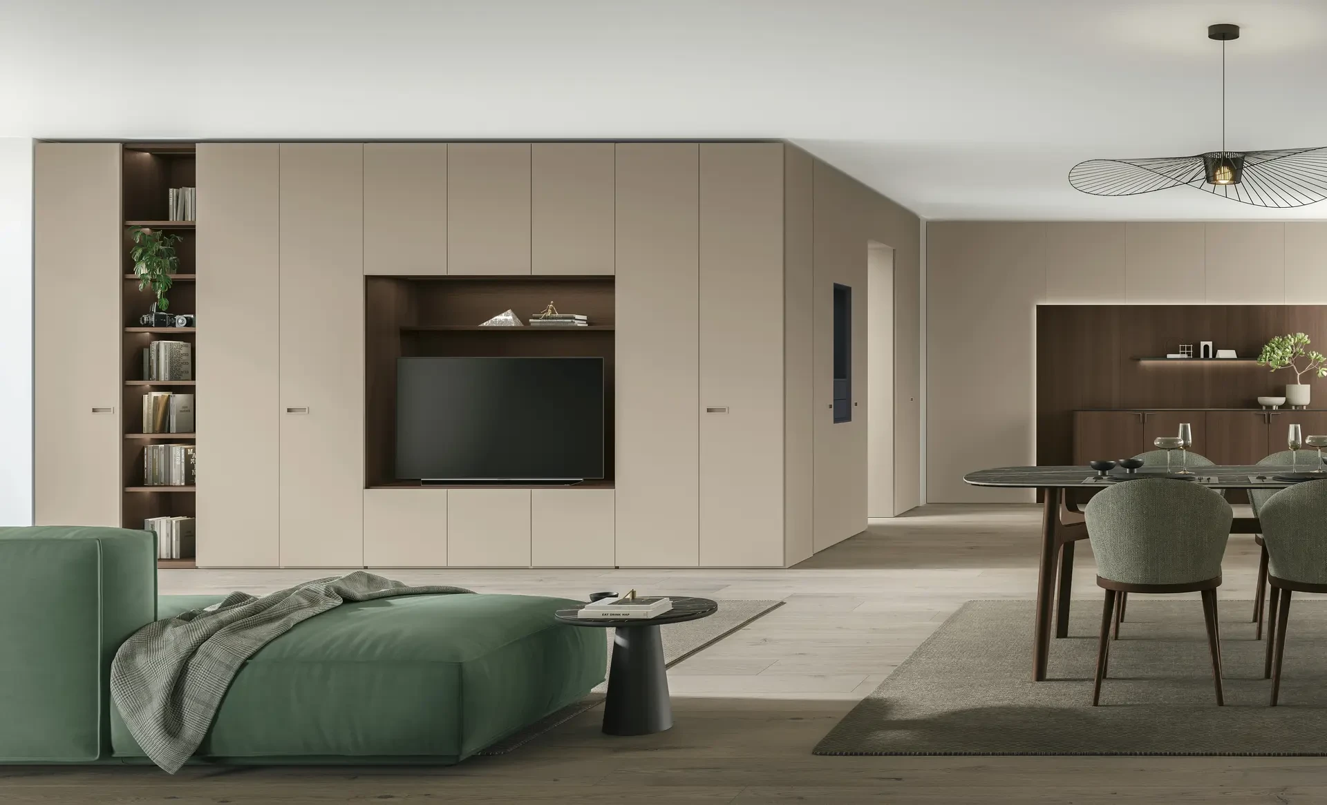 Tomasella Logica Plus+ 03.A: armadiatura ad angolo aperto L/W 451x417 cm in materico opaco Arena e Rovere Moka con nicchia Vogue e boiserie Glove Traccia Rovere Moka. Zona living con divano e zona pranzo con tavolo Amerigo. Catalogo Logica Plus+.