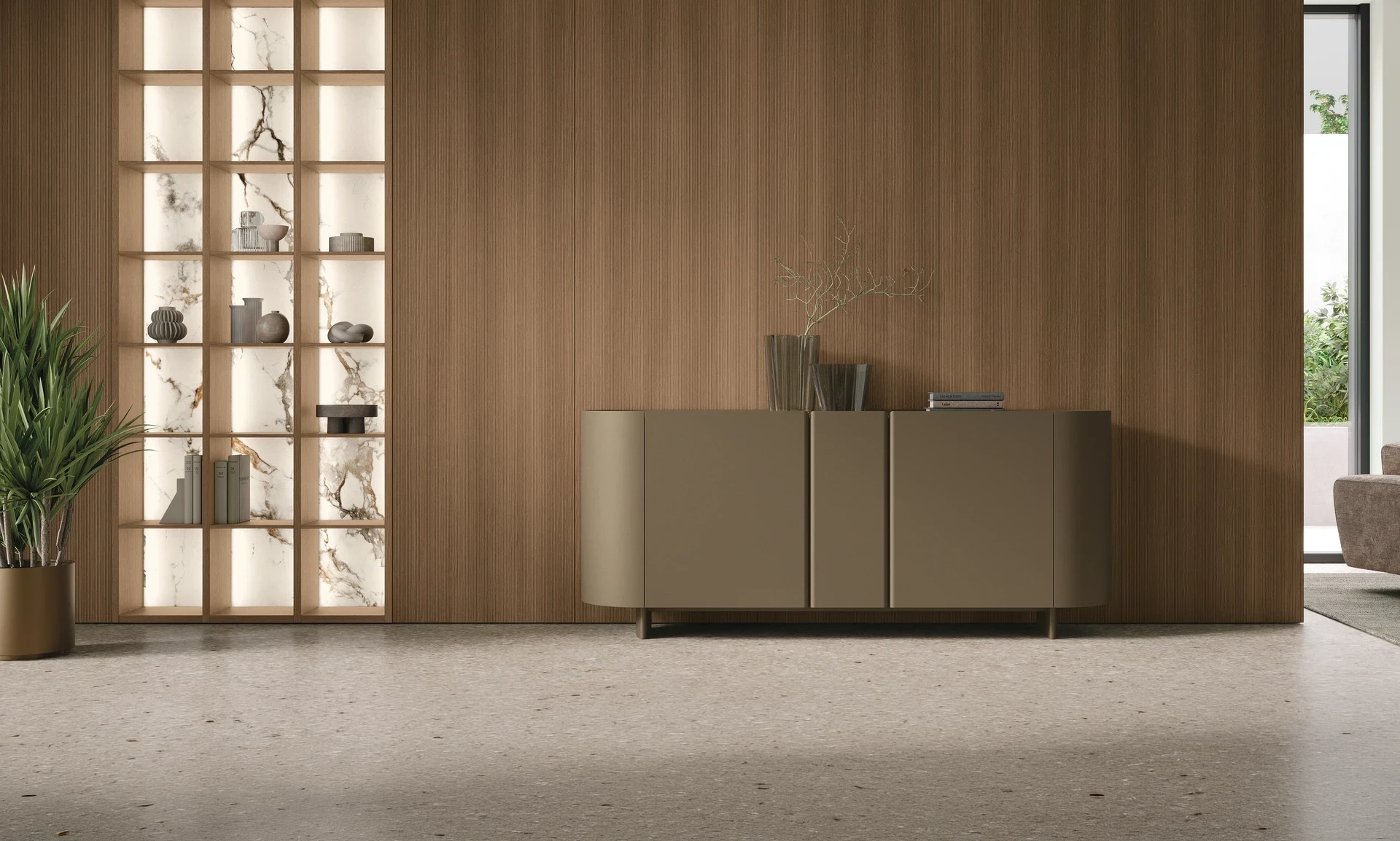 Sistema TV wall Glove Unit GL102 Traccia Rovere Cognac e madia Calipso Laccato Metallizzato Ghisa 091 vista frontale. Home 1 L abitazione di charme, catalogo Tomasella Trend & Style 2024.