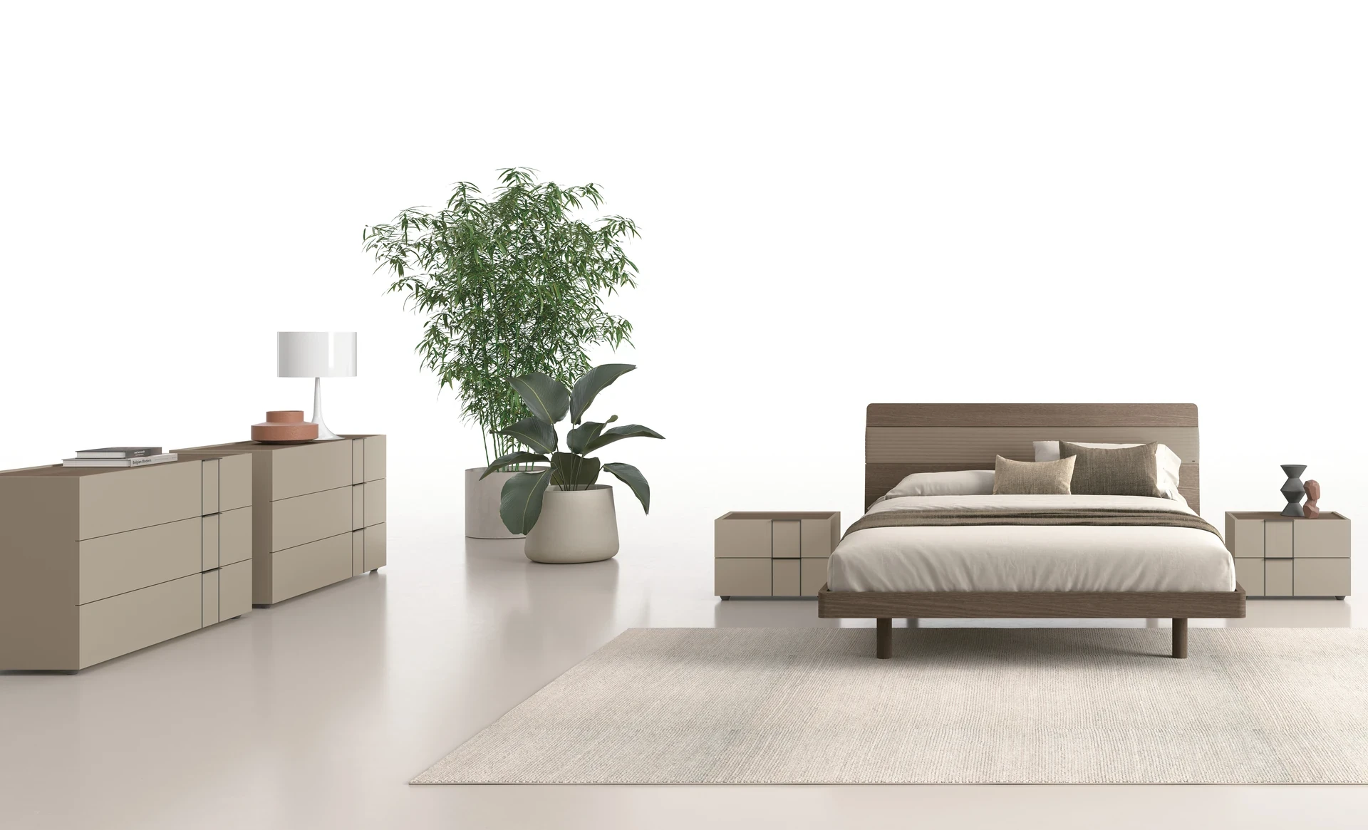 Letto Kevin Tomasella Contract in Rovere Moka con tessuto trapuntato Venice var. 80, abbinato ai contenitori Anouk in Arena e Rovere Moka. Camera da letto 2024.