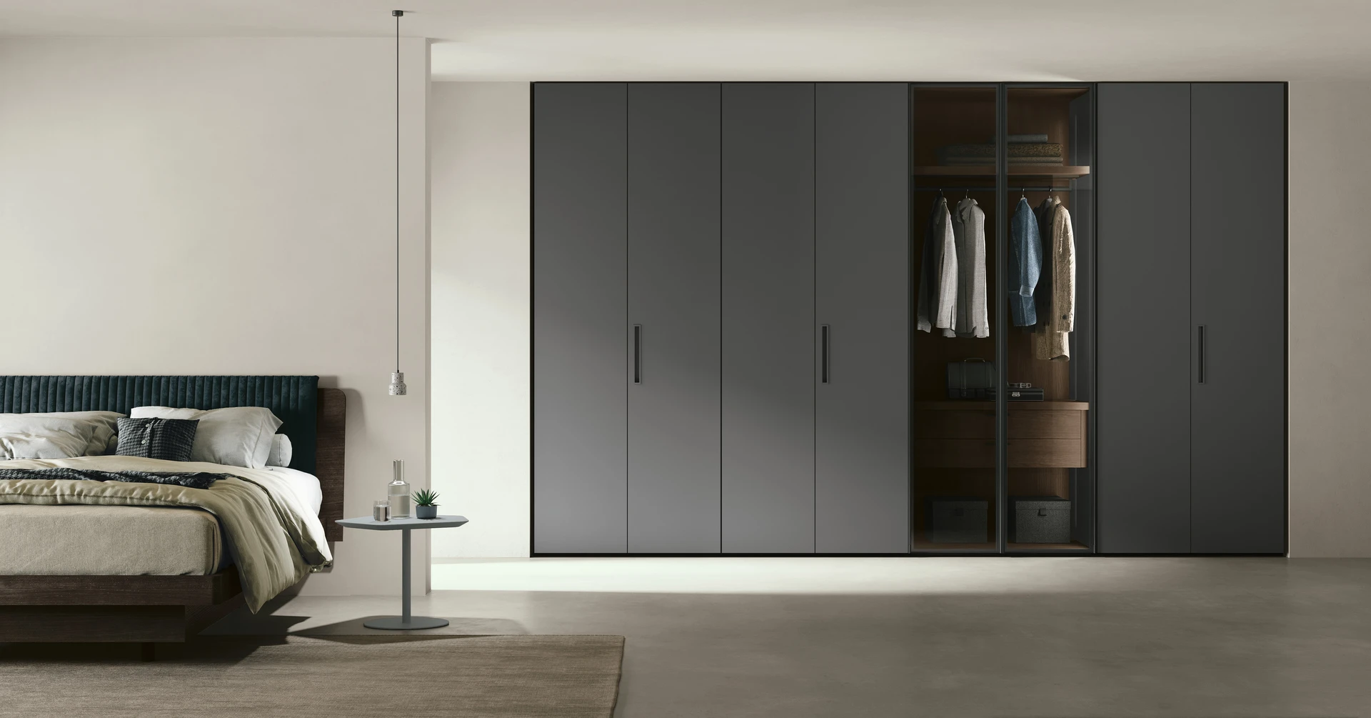 Armadio Metropolis + Liscia BT330 in materico opaco marna con ante in vetro trasparente, Home 5 La casa nel verde Night, catalogo Tomasella Trend & Style.