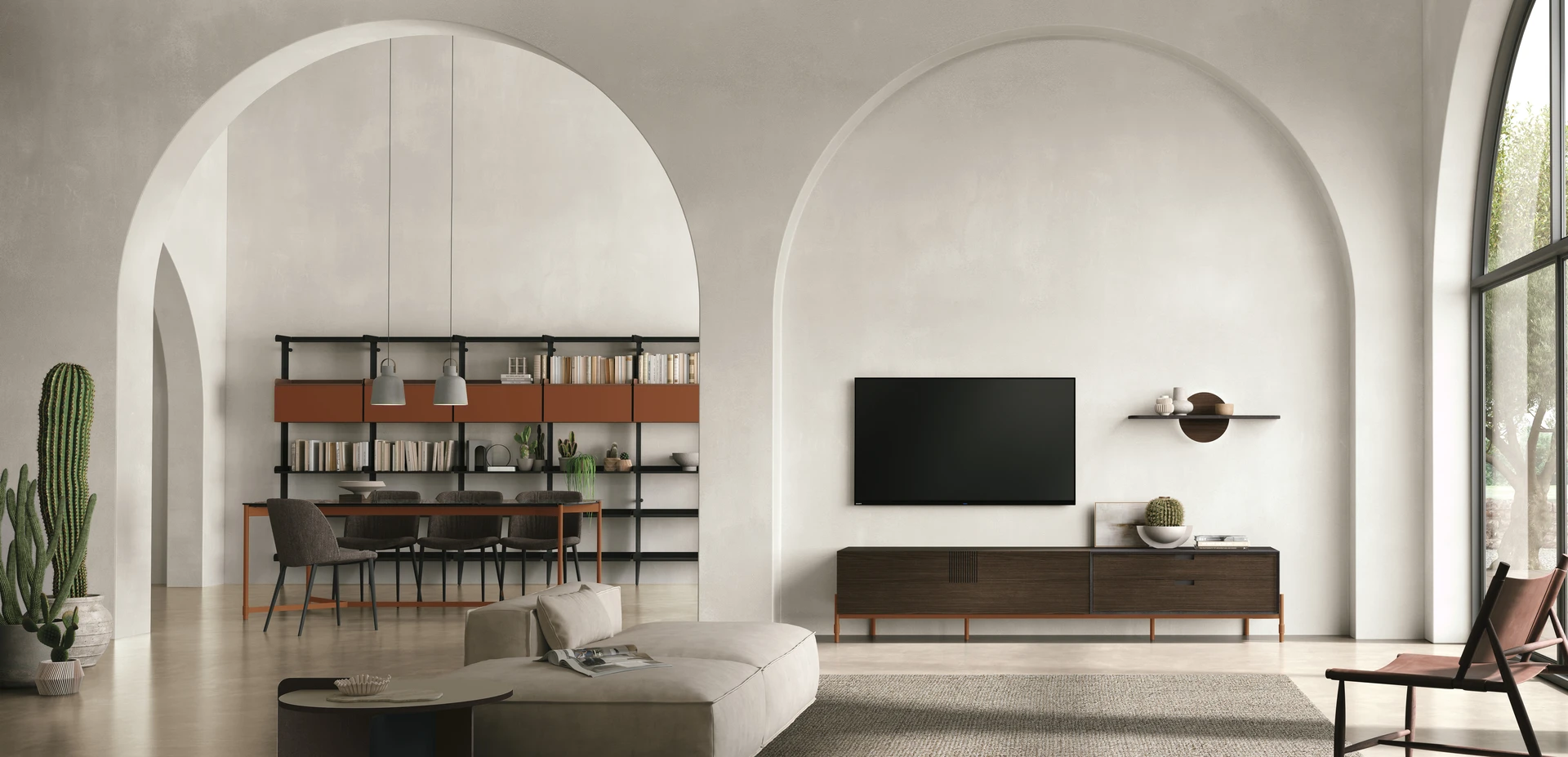 Vista panoramica del living Home 6 La villa mediterranea con libreria Time e mobile Time Unit, catalogo Tomasella Trend & Style. Night & Day Collection.
