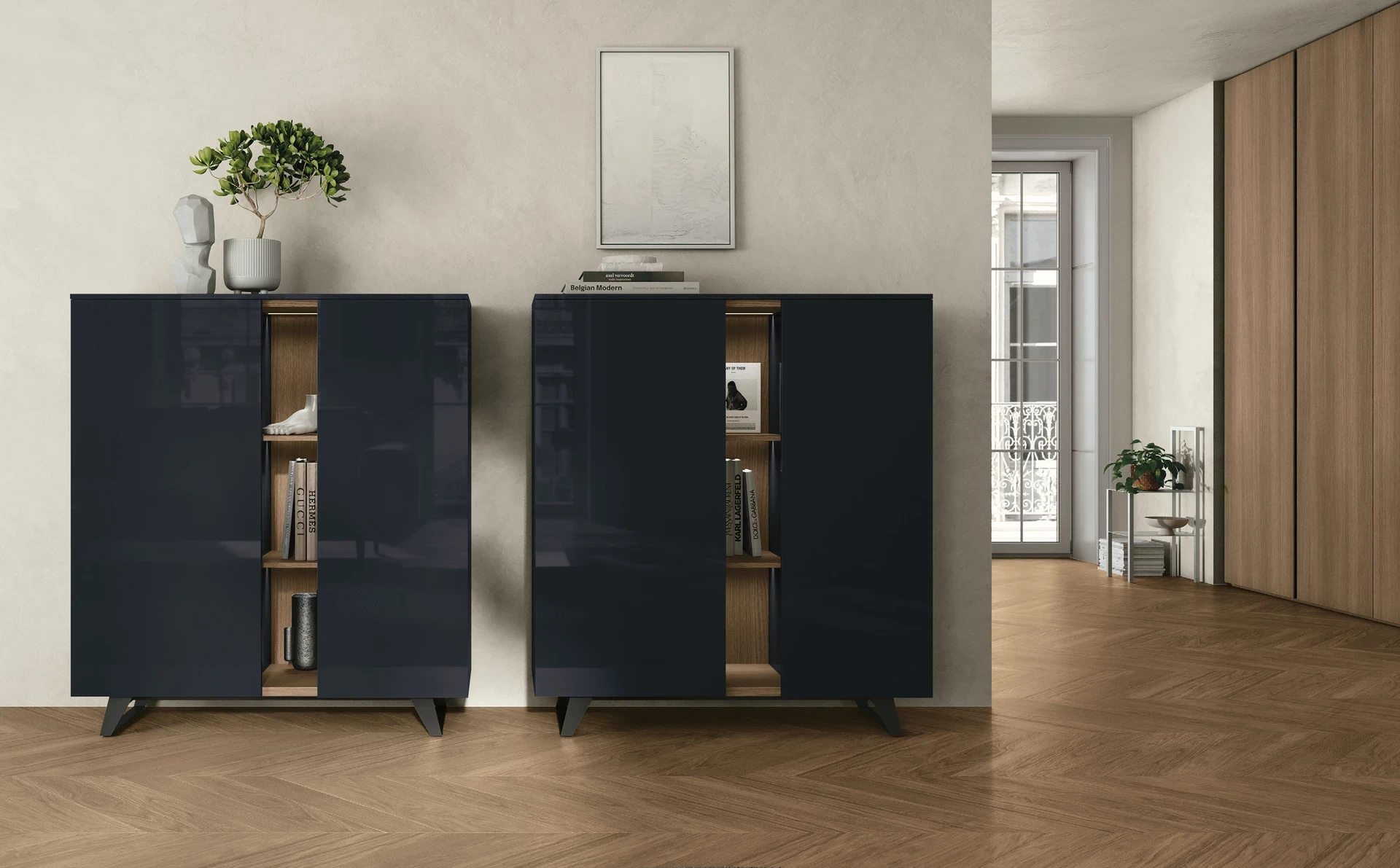 Coppia madie Lydia Laccato Lucido Blu di Prussia 181 viste frontali in attico cittadino. Home 3 L'attico cittadino, catalogo Tomasella Trend & Style 2024.