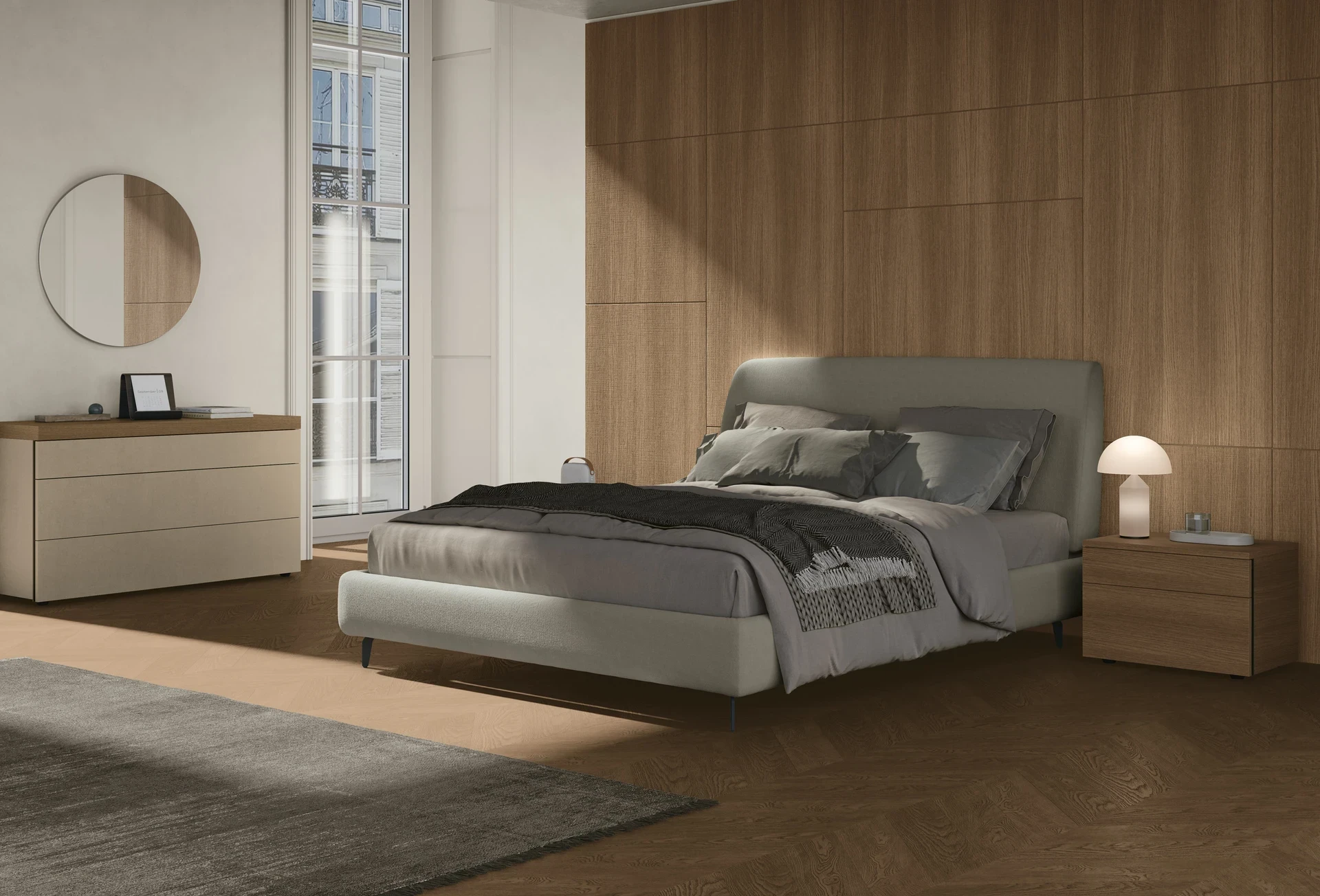 Camera da letto con letto Dalia Ring e boiserie Glove Scuretto GL103 Legno Prestige Rovere Cognac con scuretto antracite 160. Home 3 L'attico cittadino, catalogo Tomasella Trend & Style 2024.