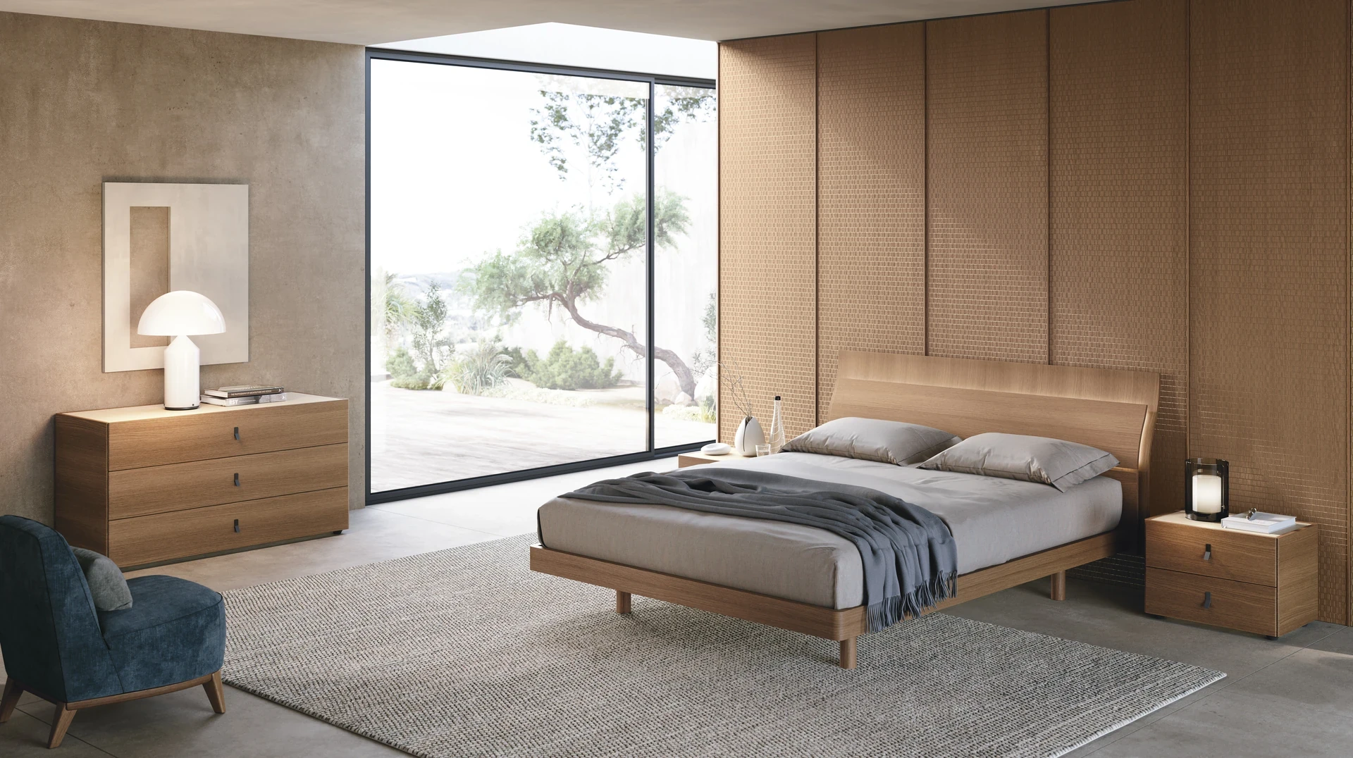 Letto Ophelia Tomasella in legno Rovere Cognac con boiserie Kumi in legno Atelier e contenitori Thalem. Camera da letto in stile naturale caldo. Tomasella Night Collection 2024.