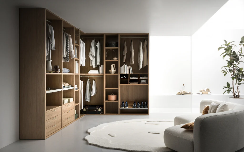 Cabina armadio Prime di Tomasella, composizione angolare PM_103 in finitura rovere, con moduli a giorno, cassetti, appendiabiti e vani libreria.